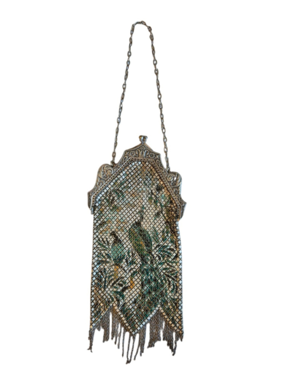 Antique 1920s Mandalian Mfg Co Silver Enamel Mesh Flapper Purse Art Deco